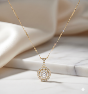 Classic Round Double Halo Pavé Diamond Pendant Necklace
