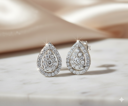 Teardrop Pear Diamond Double Halo Stud Earrings