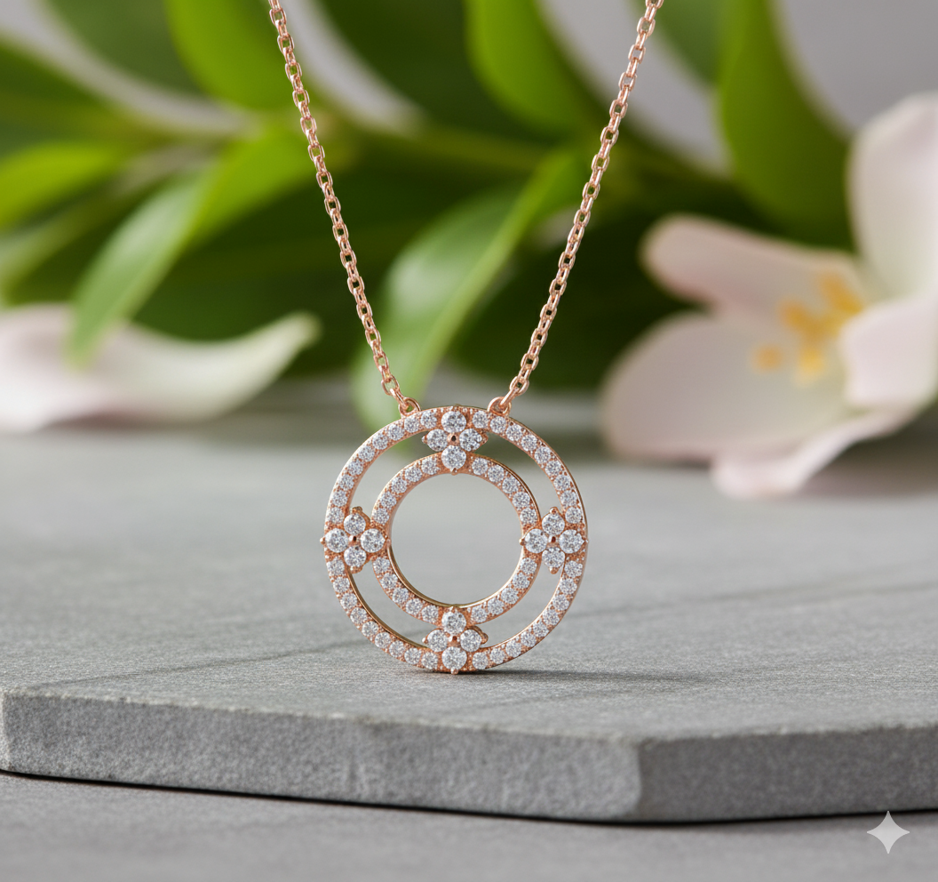 Concentric Double Circle Floral Cluster Openwork Diamond Pendant Necklace