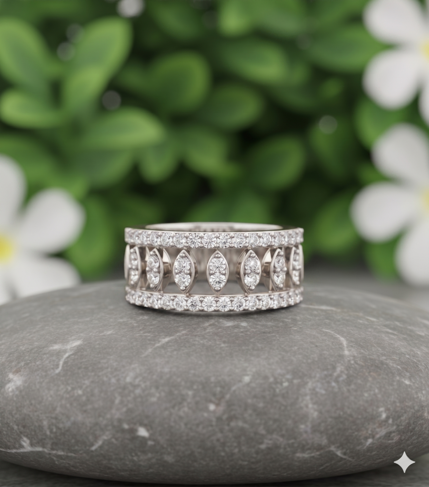 Wide Openwork Multi-Row Marquise Cluster and Pavé Diamond Statement Cigar Band Ring
