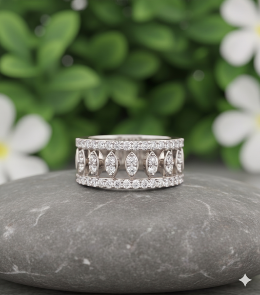 Wide Openwork Multi-Row Marquise Cluster and Pavé Diamond Statement Cigar Band Ring