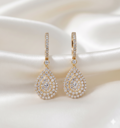 Double Halo Pear Diamond Drop Earrings