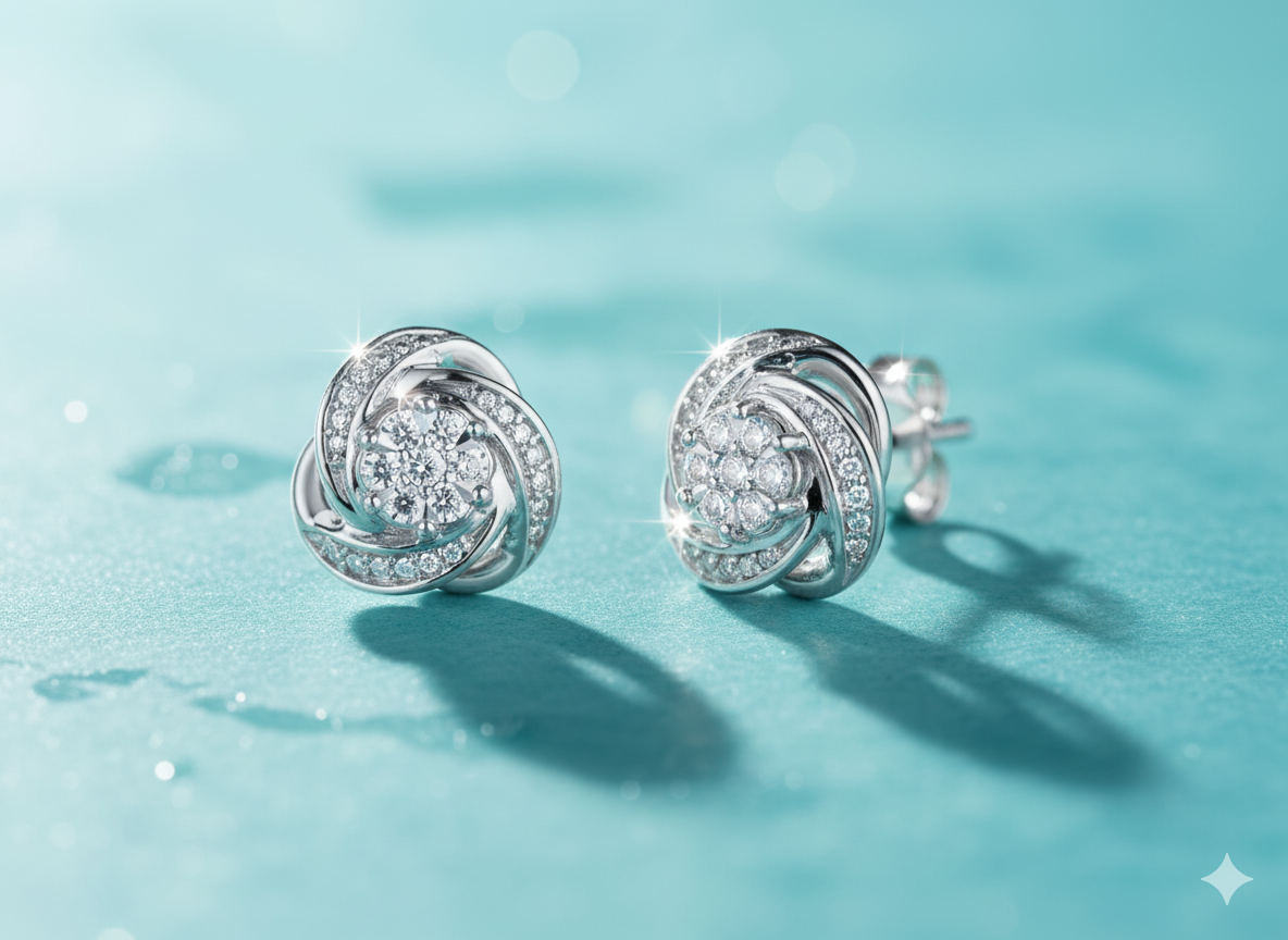 Spiral Swirl Rose Flower Diamond Cluster Stud Earrings