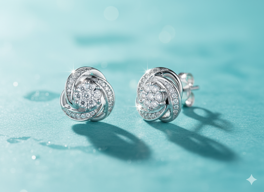 Spiral Swirl Rose Flower Diamond Cluster Stud Earrings