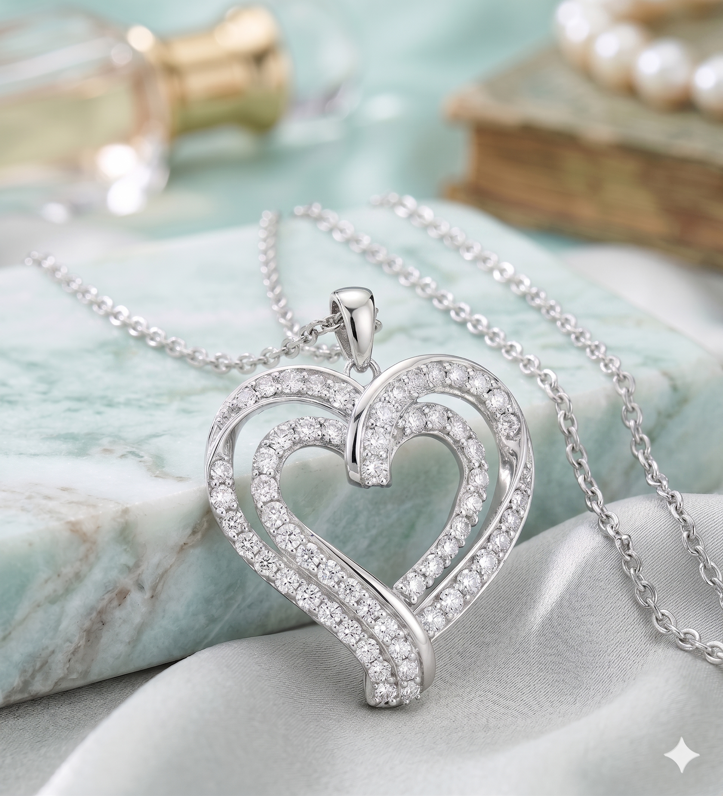 Interlocking Double Layer Pavé Diamond Ribbon Heart Pendant Necklace