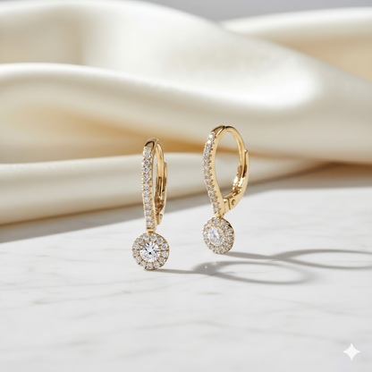 Round Diamond Halo Leverback Drop Earrings