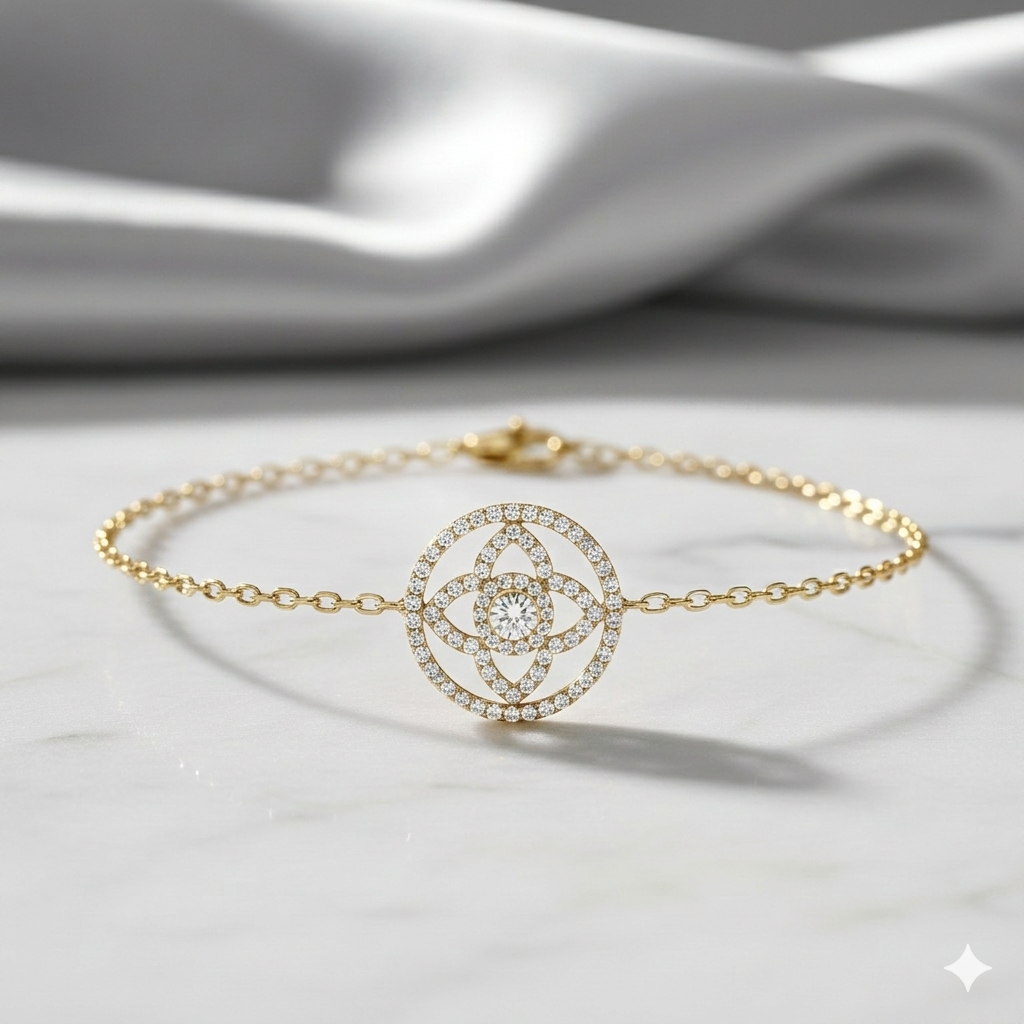 Geometric Floral Mandala Diamond Station Chain Bracelet