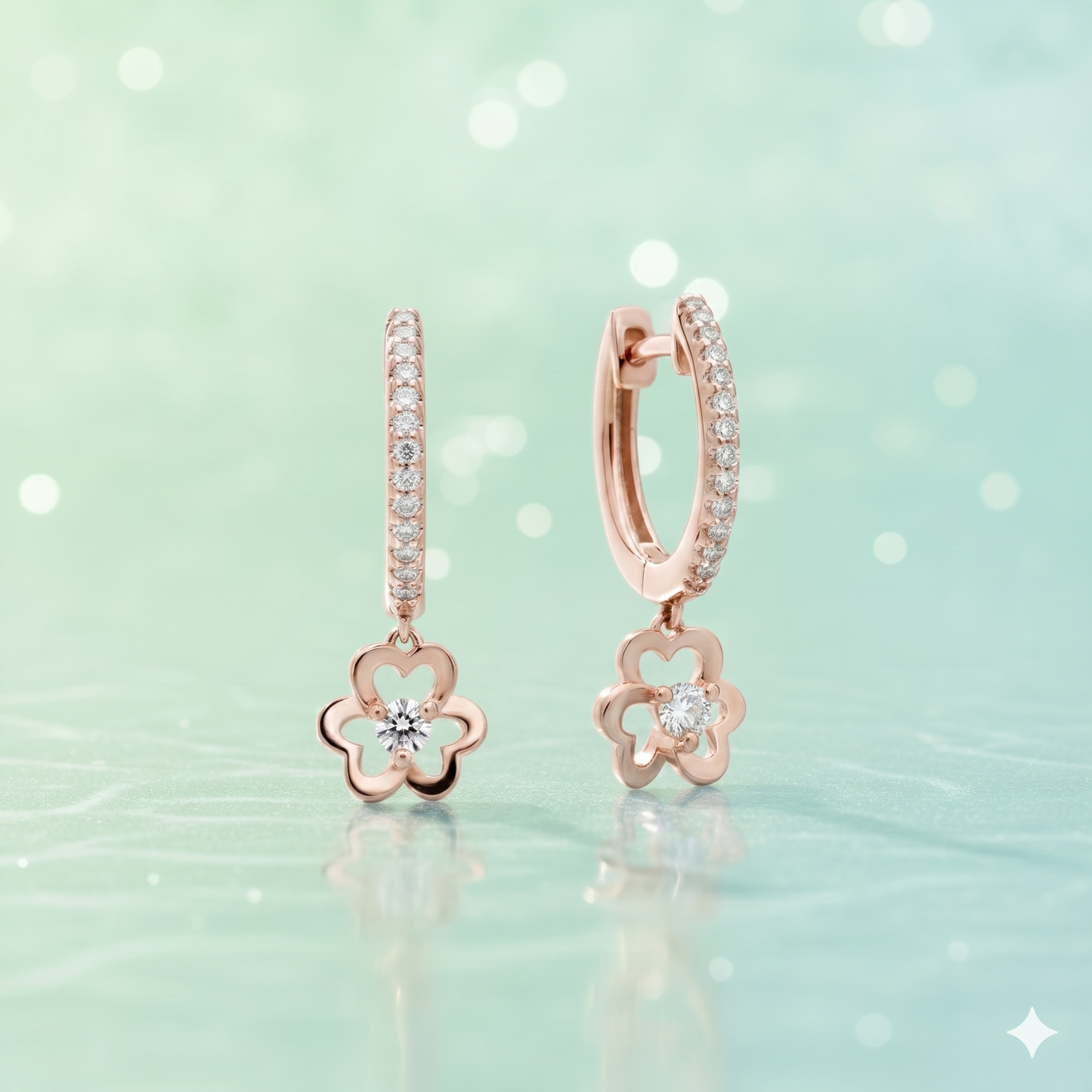 Flower Clover Diamond Drop Huggie Hoop Earrings