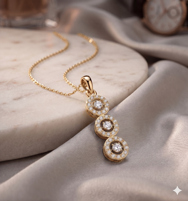 Three-Stone Graduated Circular Halo Past Present Future Diamond Drop Pendant Necklace