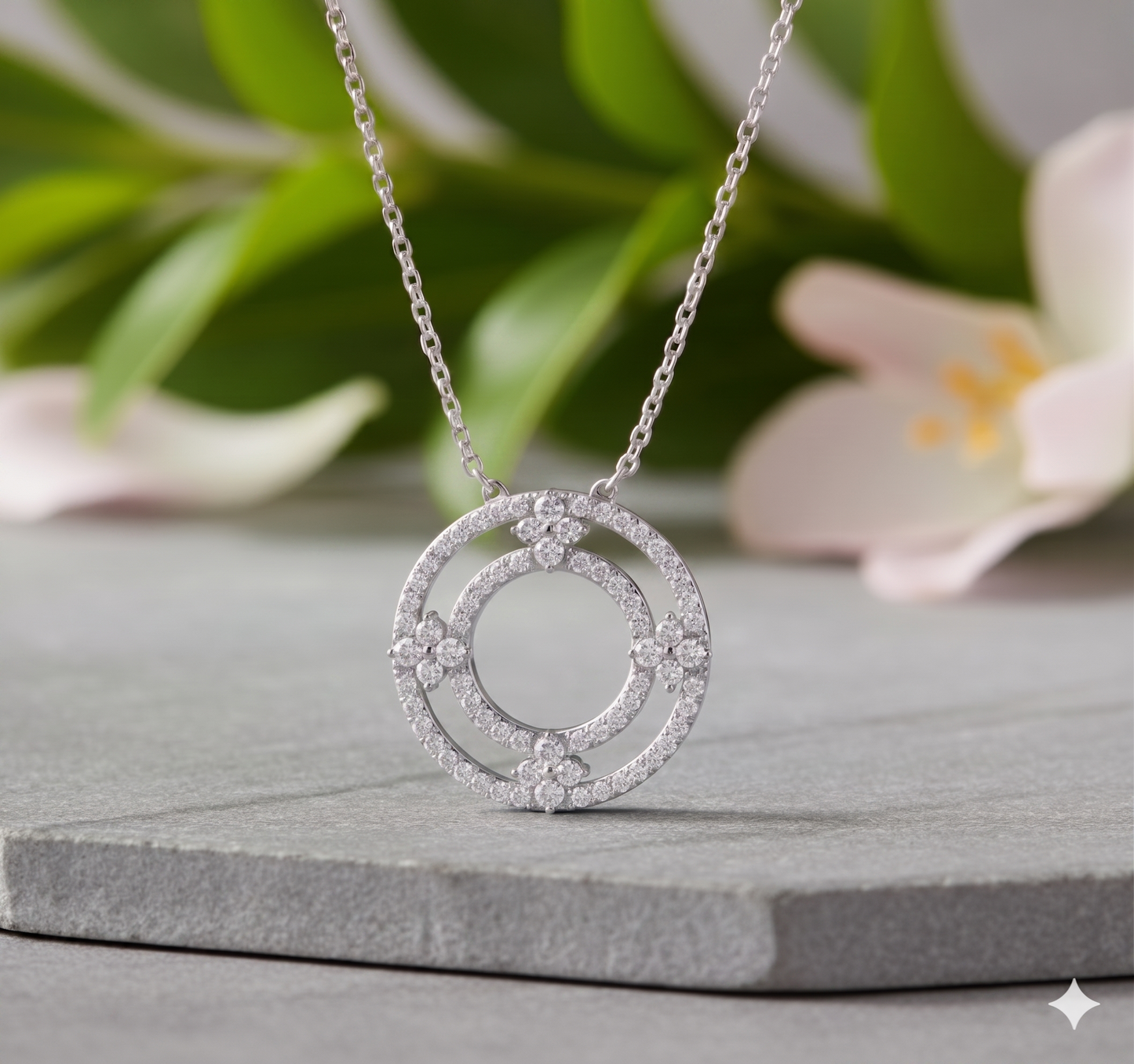 Concentric Double Circle Floral Cluster Openwork Diamond Pendant Necklace