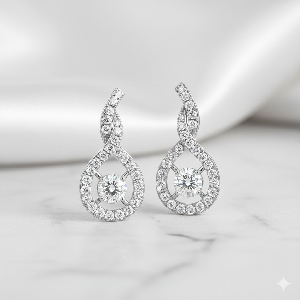 Floating Round Solitaire Twisted Teardrop Diamond Earrings