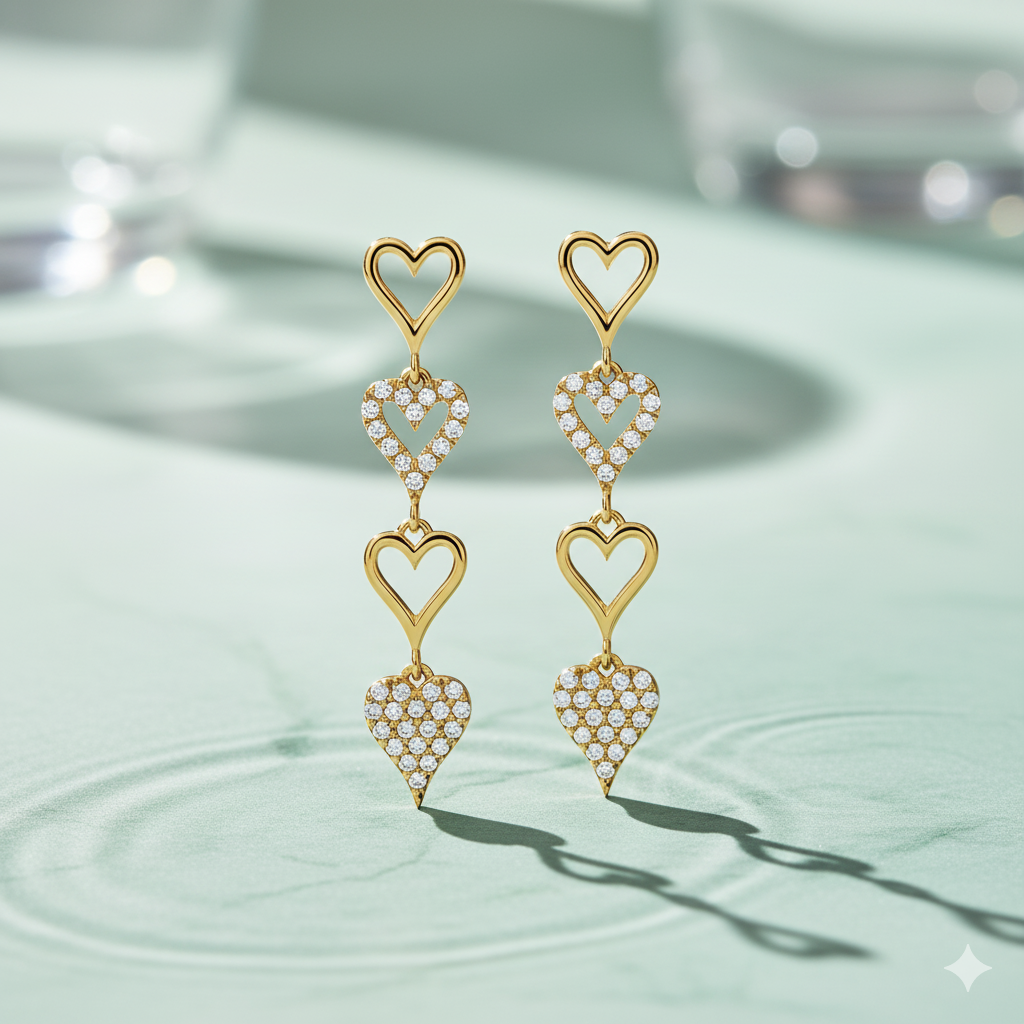 Multi Heart Diamond Linear Drop Earrings