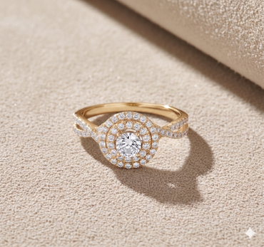 Round Brilliant Cut Diamond Double Halo Twisted Shank Engagement Ring