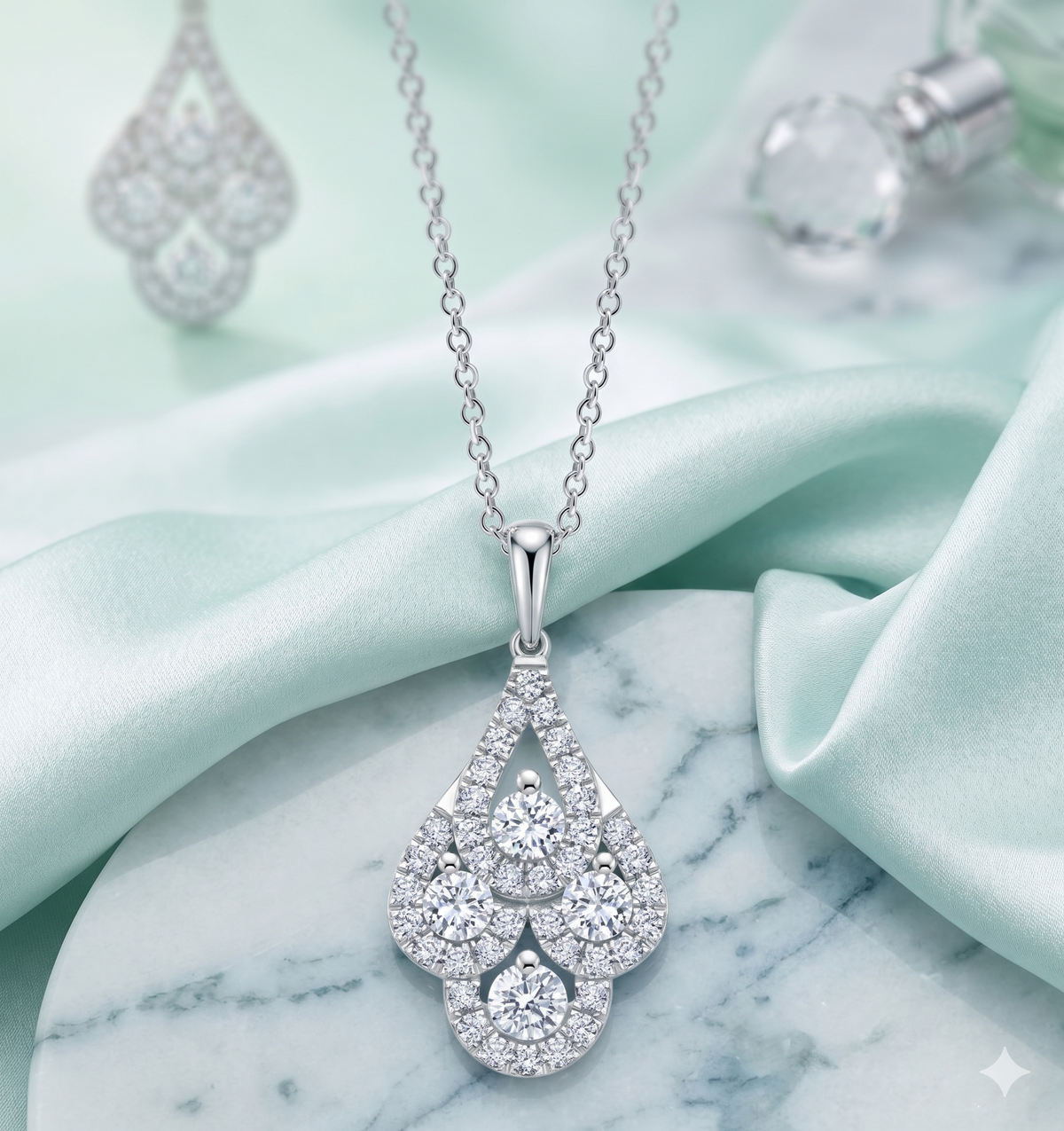 Art Deco Four-Stone Cluster Halo Teardrop Pendant Necklace