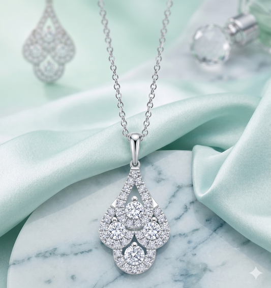 Art Deco Four-Stone Cluster Halo Teardrop Pendant Necklace