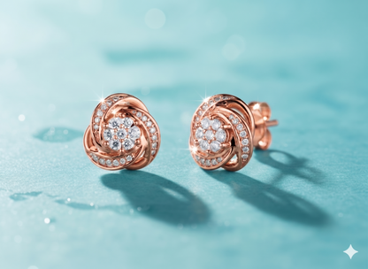 Spiral Swirl Rose Flower Diamond Cluster Stud Earrings