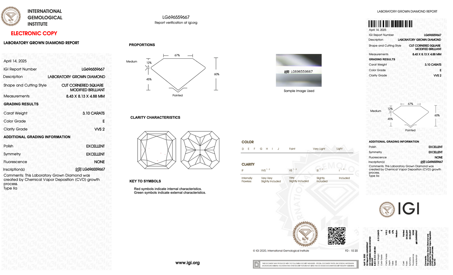 3.10 Carat Square Radiant Lab-Grown Diamond | E Color | VVS2 Clarity | IGI Certified Excellent Polish & Symmetry