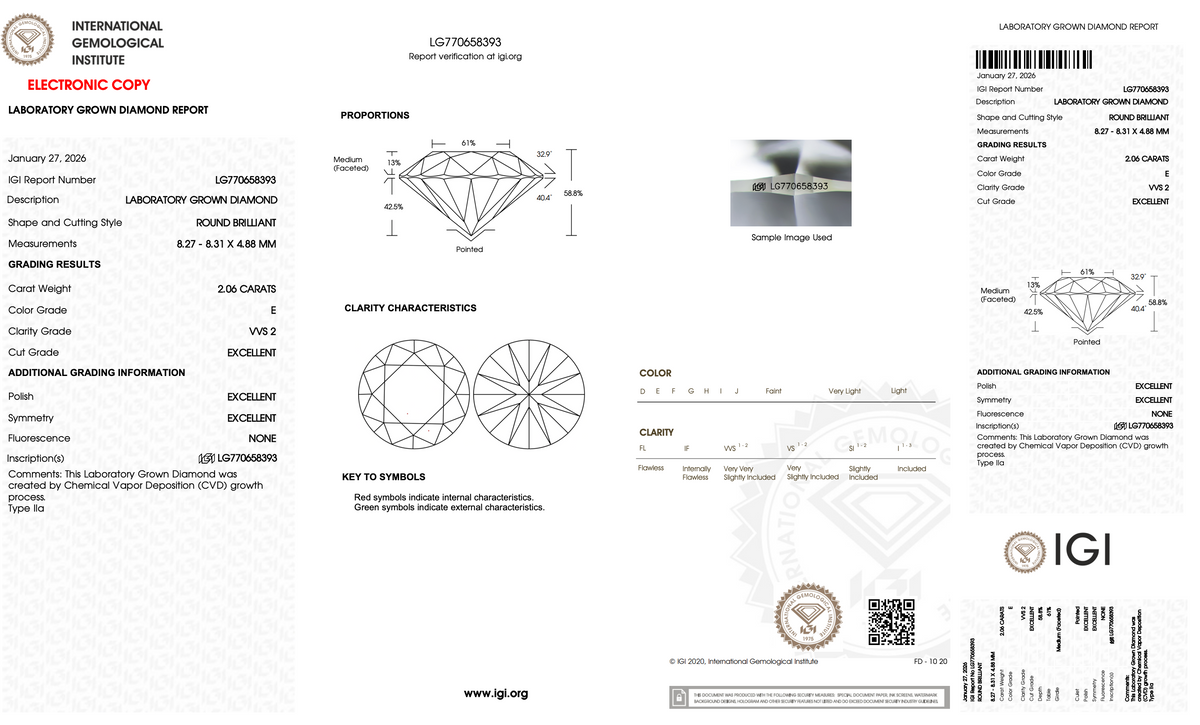 2.06 Carat Round Brilliant Lab-Grown Diamond | E Color | VVS2 Clarity | IGI Certified Excellent Cut