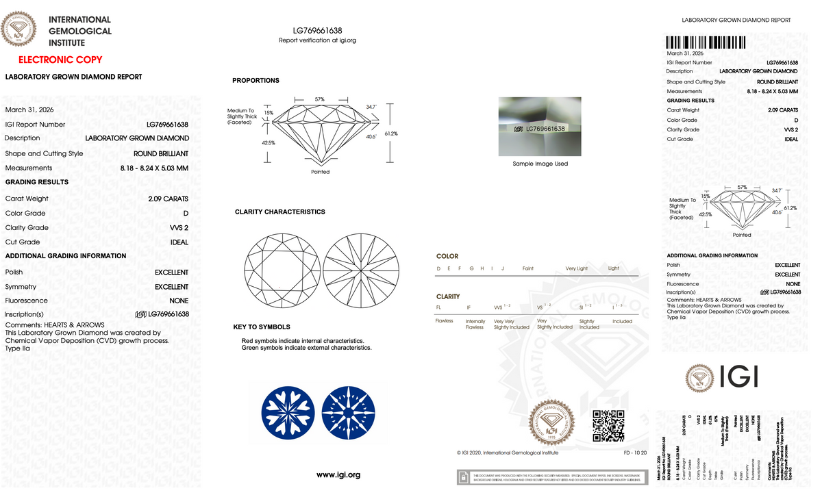 2.09 Carat Round Brilliant Lab-Grown Diamond | D Color | VVS2 Clarity | IGI Certified Ideal Cut