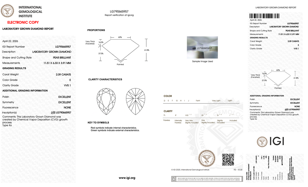 2.09 Carat Pear Shaped Lab-Grown Diamond | E Color | VVS1 Clarity | IGI Certified Excellent Polish & Symmetry