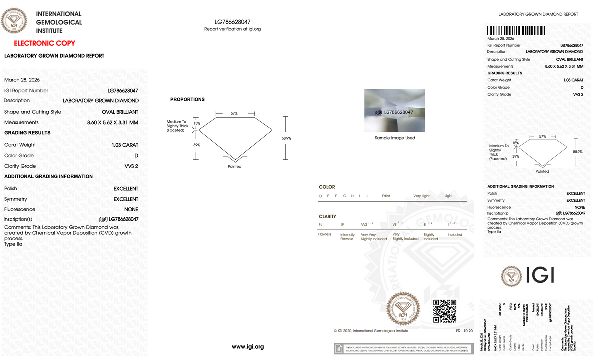 1.03 Carat Oval Cut Lab-Grown Diamond | D Color | VVS2 Clarity | IGI Certified Excellent Polish & Symmetry