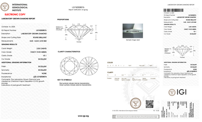 2.05 Carat Round Brilliant Lab-Grown Diamond | Fancy Vivid Green | VS1 Clarity | IGI Certified Excellent Cut
