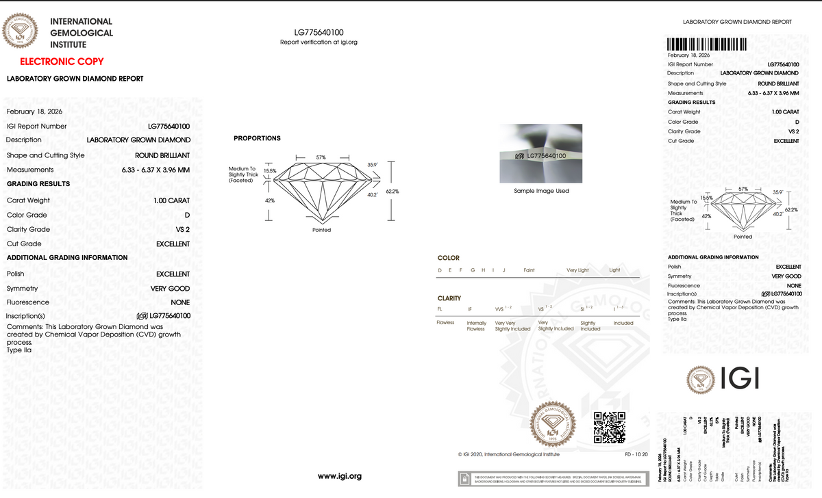 1.00 Carat Round Brilliant Lab-Grown Diamond | D Color | VS2 Clarity | IGI Certified Excellent Cut
