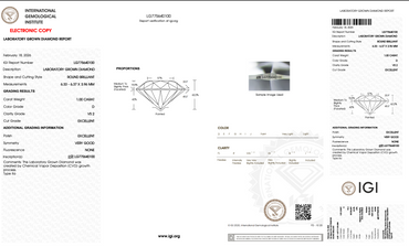 1.00 Carat Round Brilliant Lab-Grown Diamond | D Color | VS2 Clarity | IGI Certified Excellent Cut