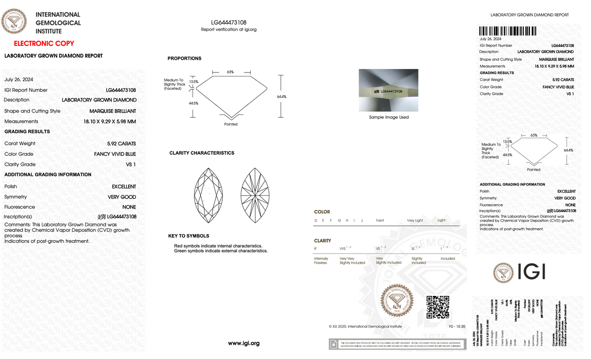 5.92 Carat Marquise Cut Lab-Grown Diamond | Fancy Vivid Blue | VS1 Clarity | IGI Certified Excellent Polish & Symmetry