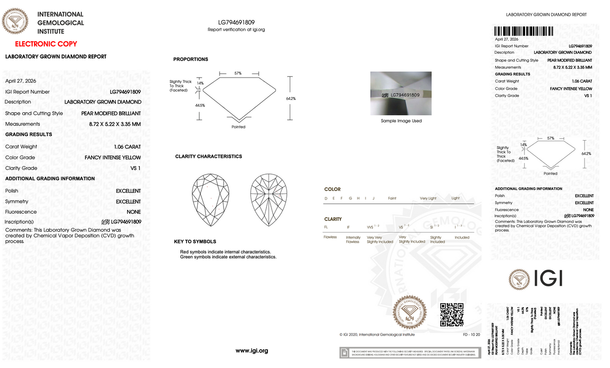 1.06 Carat Pear Shaped Lab-Grown Diamond | Fancy Intense Yellow | VS1 Clarity | IGI Certified Excellent Polish & Symmetry