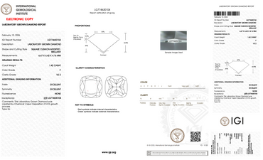 1.42 Carat Cushion Cut Lab-Grown Diamond | F Color | VS2 Clarity | IGI Certified Excellent Polish & Symmetry
