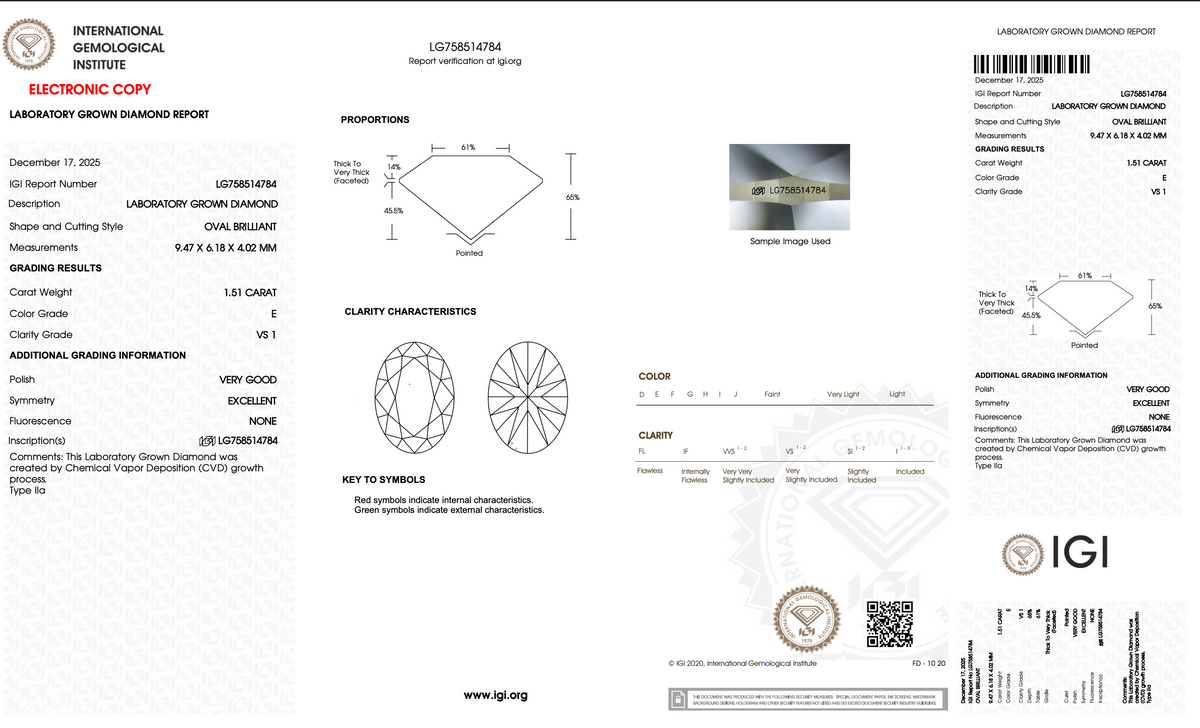 1.51 Carat Oval Cut Lab-Grown Diamond | E Color | VS1 Clarity | IGI Certified Excellent Symmetry