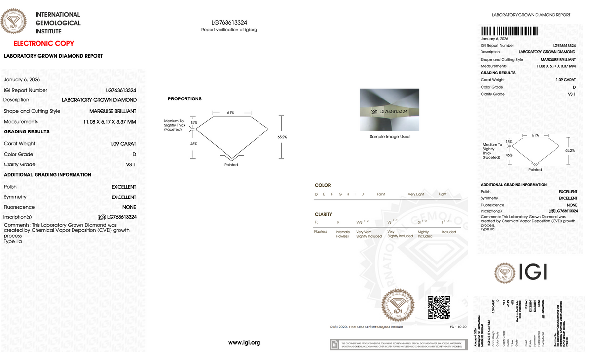 1.09 Carat Marquise Cut Lab-Grown Diamond | D Color | VS1 Clarity | IGI Certified Excellent Polish & Symmetry