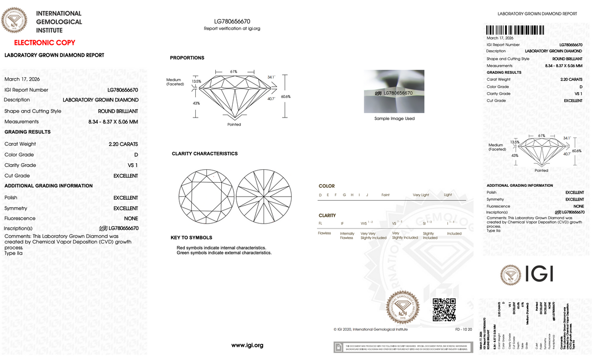 2.20 Carat Round Brilliant Lab-Grown Diamond | D Color | VS1 Clarity | IGI Certified Excellent Cut